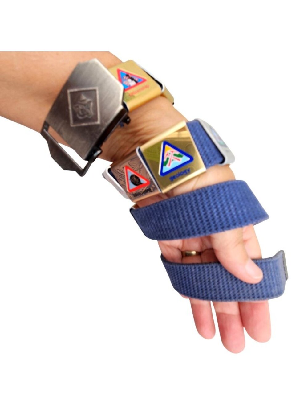 Vintage Boy Scout Cub Blue Web Belt 14 Metal Slide Activity Badges Waist to 28"